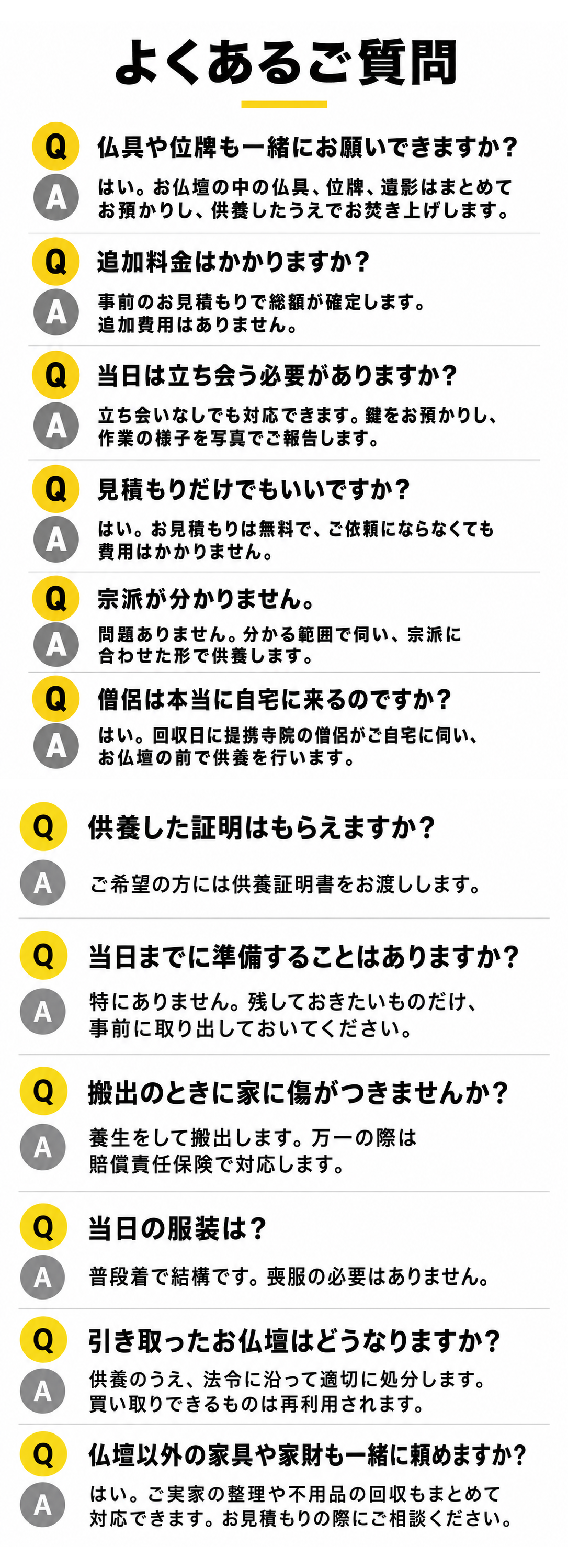 よくあるご質問（仏具や位牌も一緒に／追加料金／立ち会い／見積もりだけ／宗派が分からない／僧侶は自宅に来るか／供養証明／準備／家の傷／服装／引き取り後／家財も一緒に）