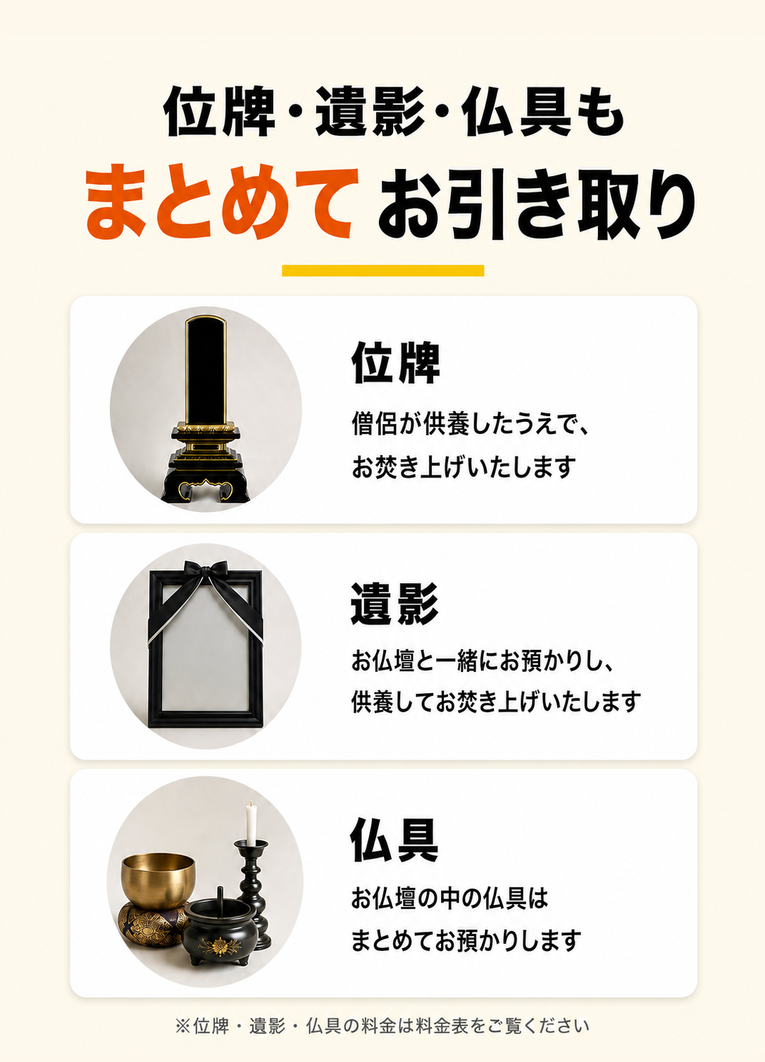 位牌・遺影・仏具もご一緒に。位牌は僧侶が供養したうえでお焚き上げ。遺影はお仏壇と一緒にお預かりし供養してお焚き上げ。仏具はおりん・燭台・香炉などまとめてお預かり。